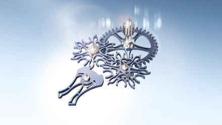 Three interlocking metallic clock gears and axles on a light blue background with light reflections.