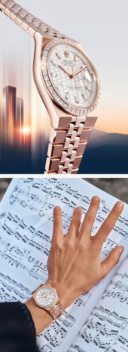 Rose gold luxury watch with diamond bezel on a wrist, above sheet music and cityscape background.