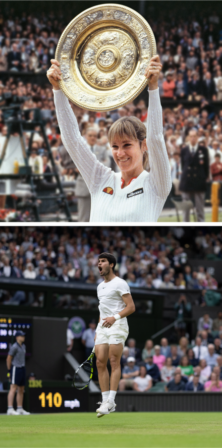 Top: Woman holds up a trophy. Bottom: Male tennis player jumps celebrating on grass court.