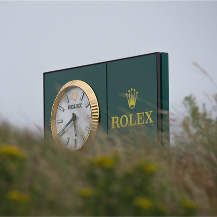 Outdoor Rolex clock on a green sign, partially hidden behind tall grass and yellow flowers.