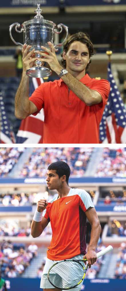 Top: Tennis player holds a trophy. Bottom: Tennis player celebrates on court holding a racket.