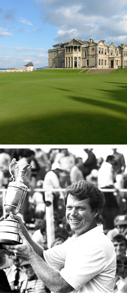 A golf course with a historic clubhouse, and a golfer smiling while holding a trophy.