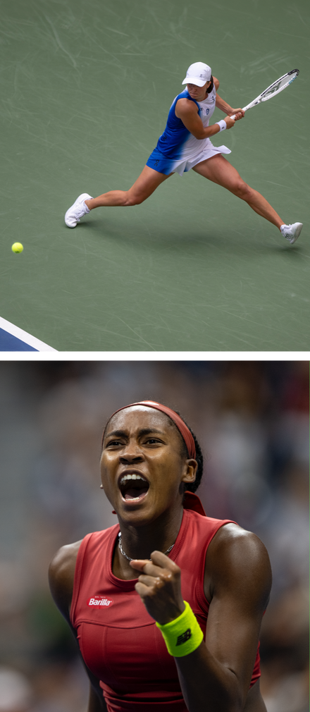 Top: Tennis player hitting forehand. Bottom: Tennis player celebrating with a clenched fist and open mouth.