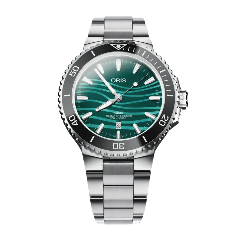 Silver watch with a green face on a gradient blue background