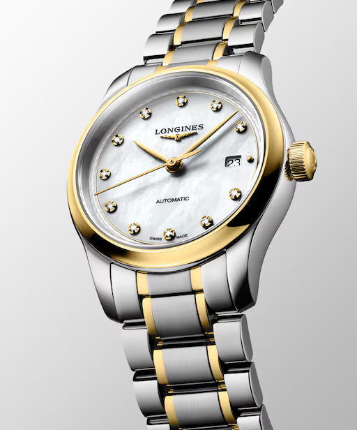 Longines Master automatic watch with white dial, diamond hour markers, two-tone stainless steel and yellow gold bracelet and