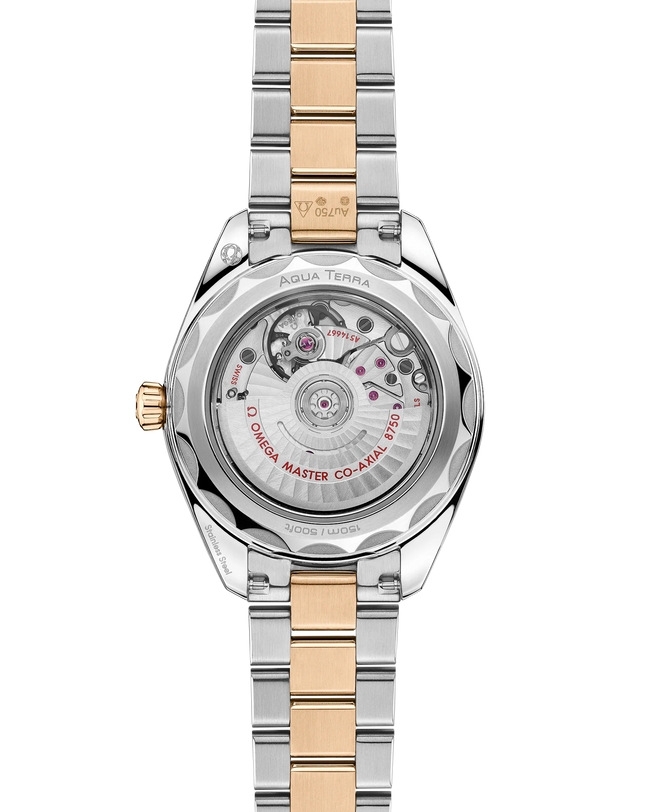 OMEGA Seamaster Aqua Terra 150M 30mm, Moonshine™ gold on steel Watch Transparent Caseback with a Moonshine™ gold on steel integrated two-tone bracelet.