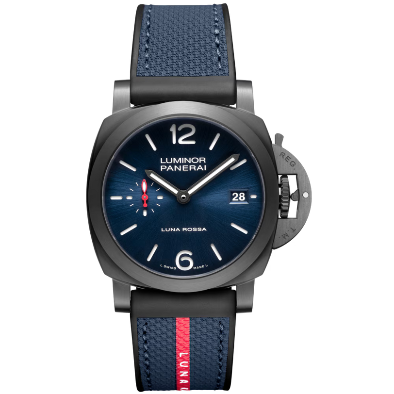 The Panerai Luminor Quaranta Steel DLC Luna Rossa is a luxury automatic watch featuring a blue dial, black case, blue strap with red and white stripe, white numerals, P.900 calibre, 3-day power reserve, and date at 3 o’clock.