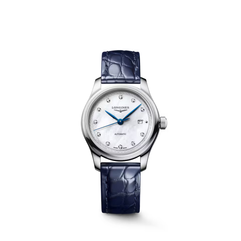 Master | 30mm, Stainless Steel, White mother-of-pearl Dial, Blue Alligator Leather, Womens Watch