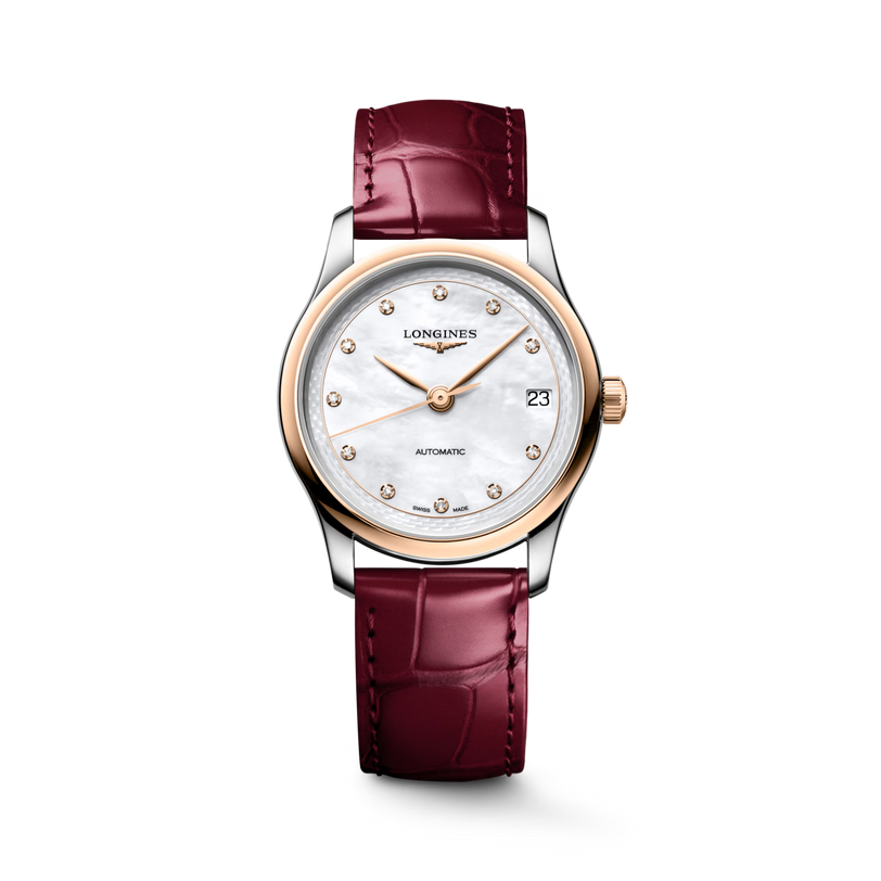 Master | 34mm, Stainless Steel and 18K Rose Gold, White mother-of-pearl Dial, Bordeaux Alligator Leather, Womens Watch