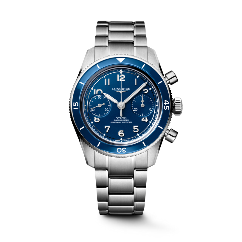 Stainless steel pilot watch with blue dial, blue bezel, chronograph subdials, and matching bracelet.