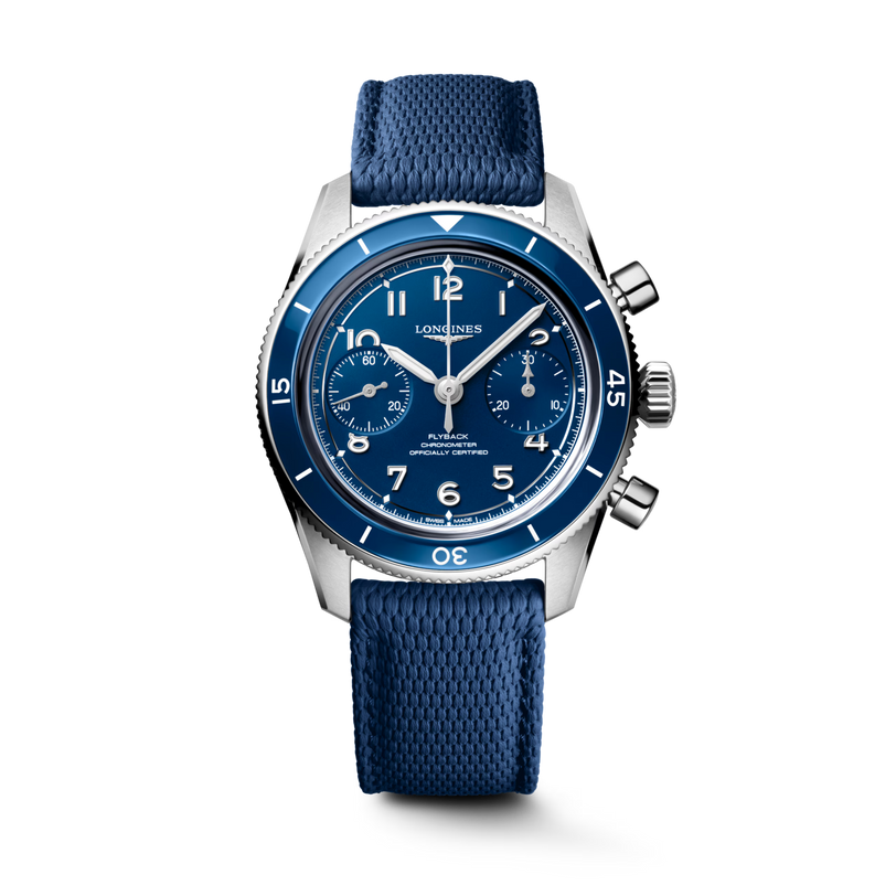 Stainless steel chronograph watch with blue dial, blue bezel, and blue rubber strap.