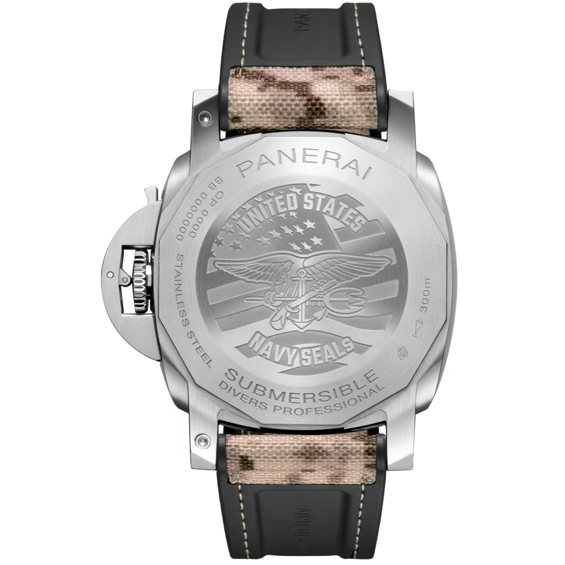 The Panerai Submersible QuarantaQuattro Navy SEALs watch features an engraved US Navy SEALs emblem on the back, branding and P.900 calibre details, plus a camouflage fabric and black leather strap.