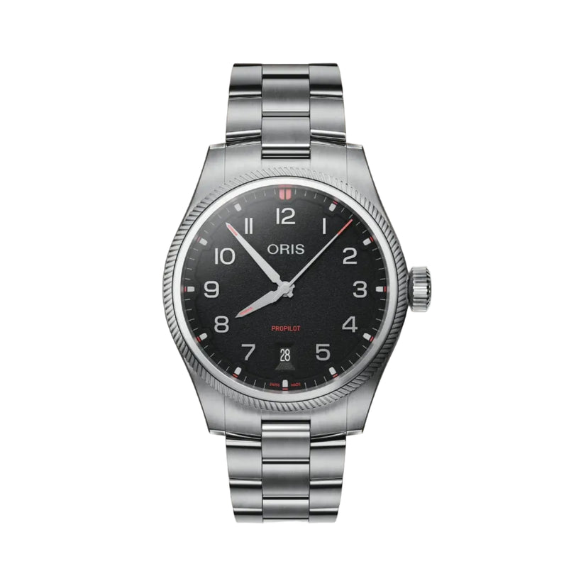 Silver Oris watch with black dial on a gradient background
