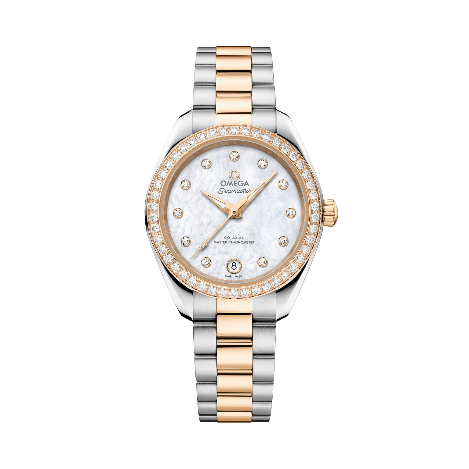 OMEGA Seamaster Aqua Terra 150M 30mm, Moonshine™ gold on Steel Watch, with a Diamond Bezel and Mother-of-Pearl Dial with Diamond Markers on a Moonshine™ gold on Steel integrated two-tone bracelet.