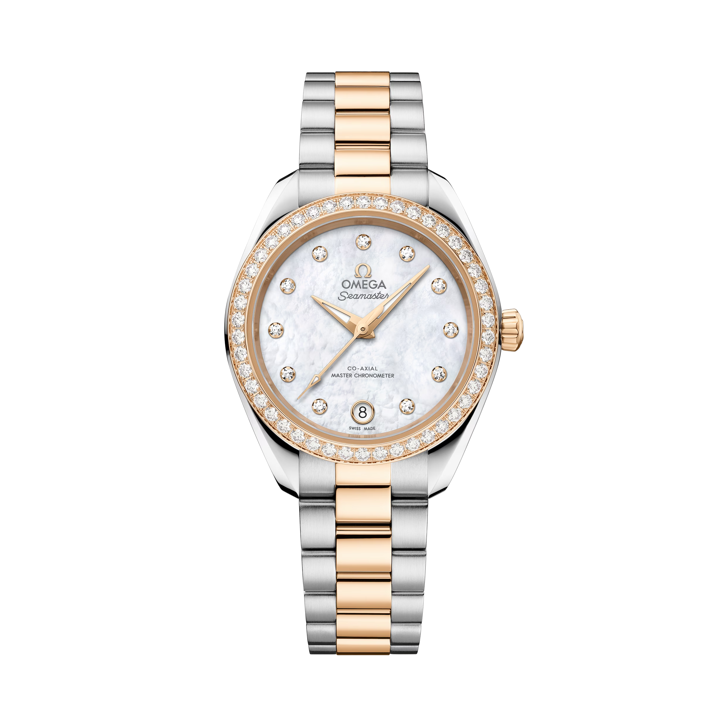 OMEGA Seamaster Aqua Terra 150M 30mm, Moonshine™ gold on Steel Watch, with a Diamond Bezel and Mother-of-Pearl Dial with Diamond Markers on a Moonshine™ gold on Steel integrated two-tone bracelet.