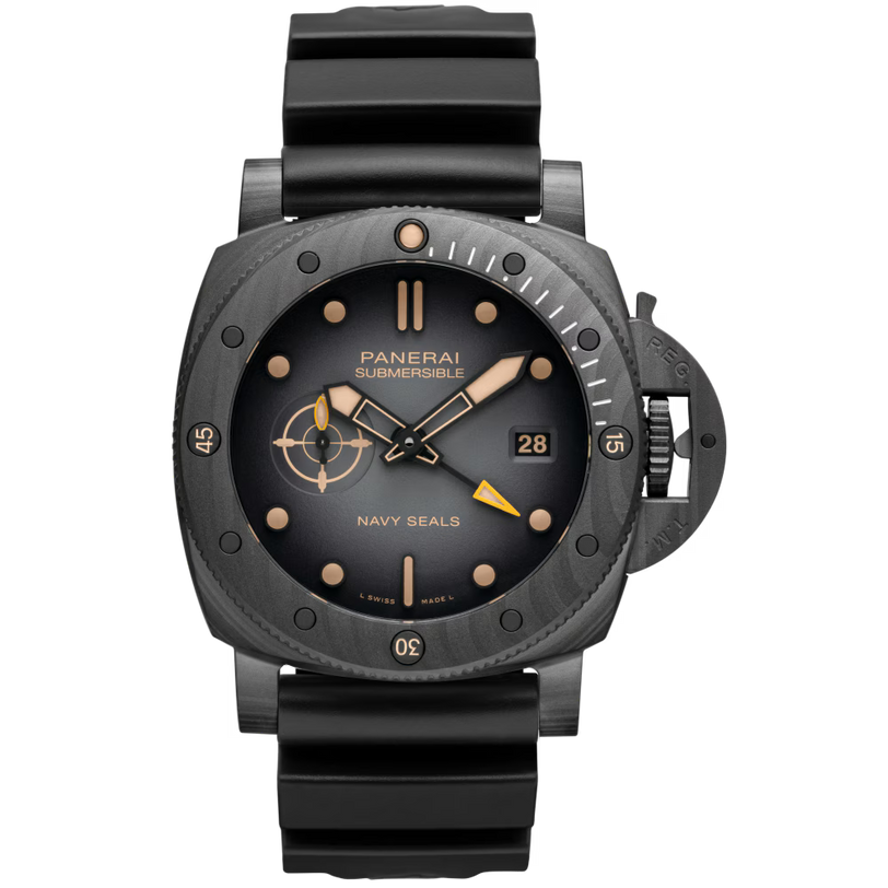 Panerai Submersible QuarantaQuattro GMT Navy SEALs Carbotech™: black round dial with target design, gold accents, date at 3 o’clock, 3-day power reserve, and black rubber strap.