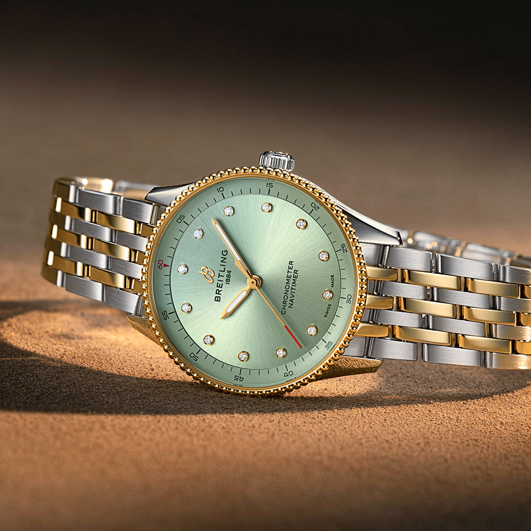 Navitimer ladies watch with mint green dial, diamond hour markers, two-tone stainless steel and yellow gold bracelet, 32mm ca
