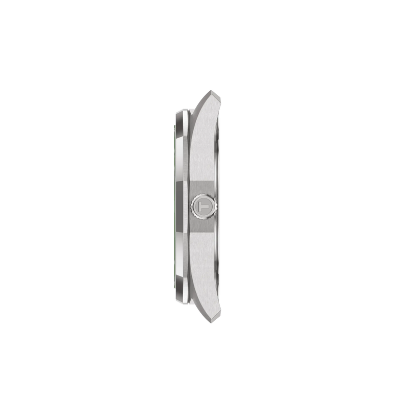Silver watch with a brand logo on a white background