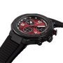 Black and red watch with detailed face on a white background