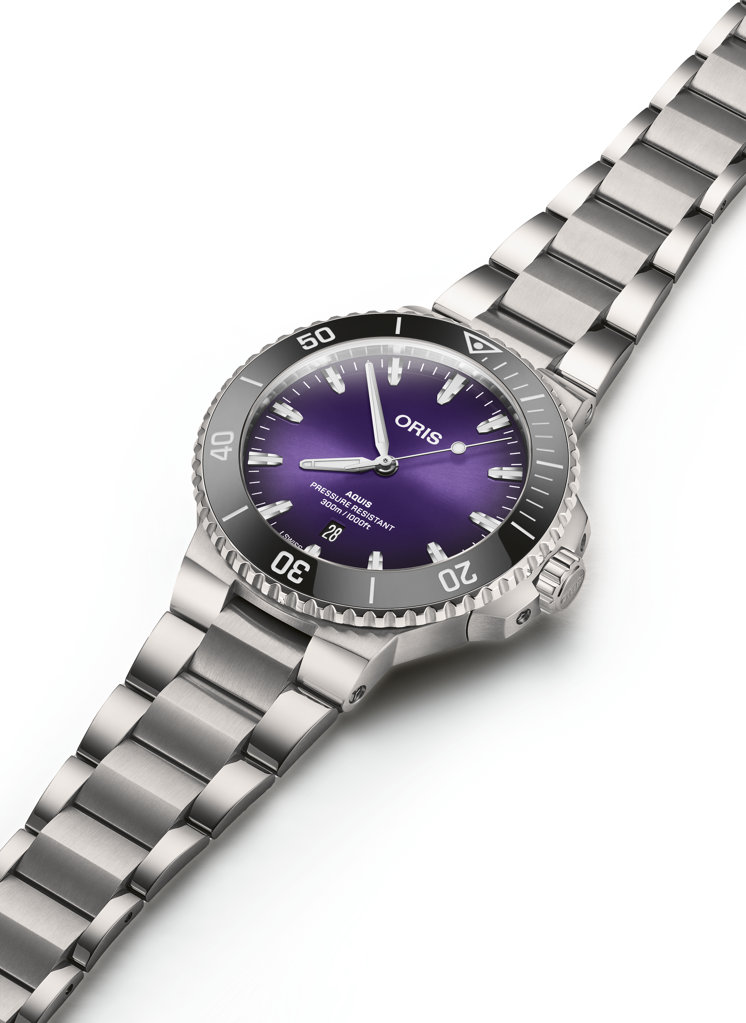 Oris Aquis Date Taste of Summer watch with purple dial and stainless-steel bracelet on a white background