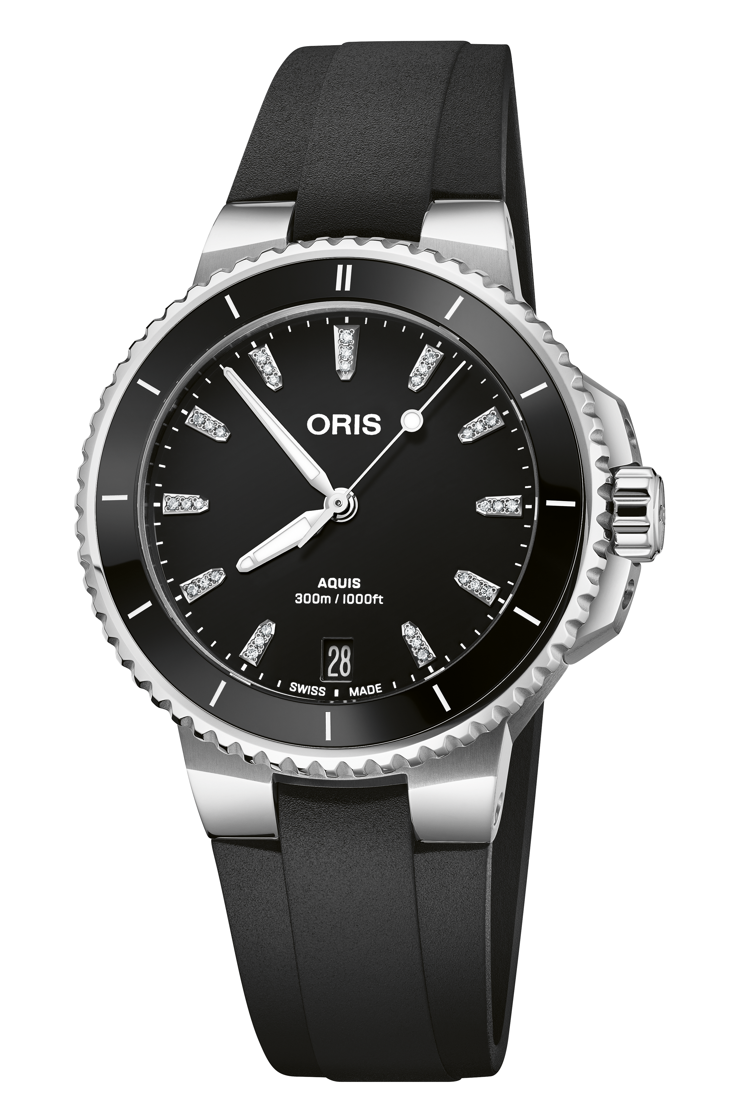 Oris Aquis Date Diamonds with a black dial and a black rubber strap