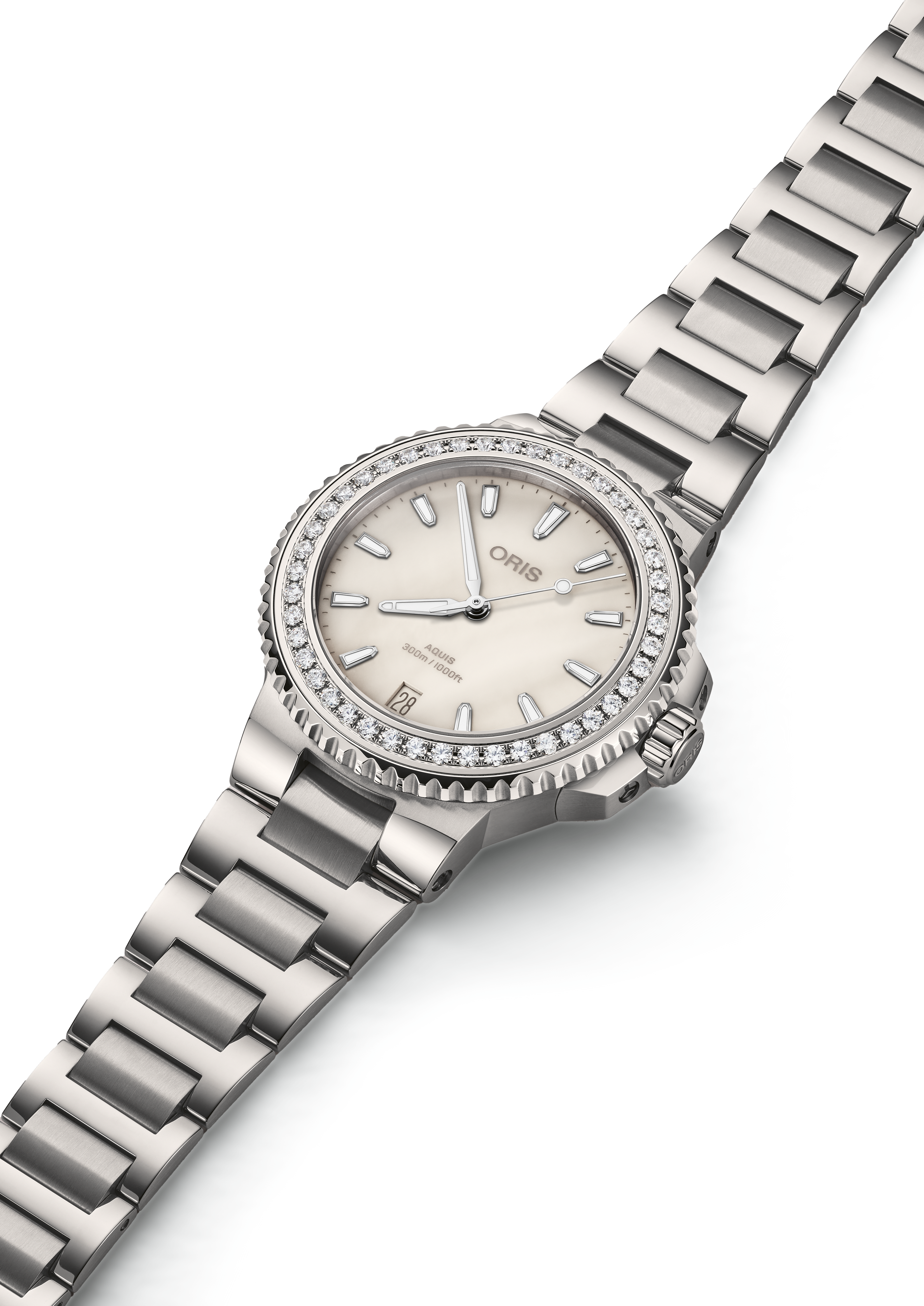 Oris Aquis Date Diamonds with cream mother of pearl dial and a stainless-steel bracelet