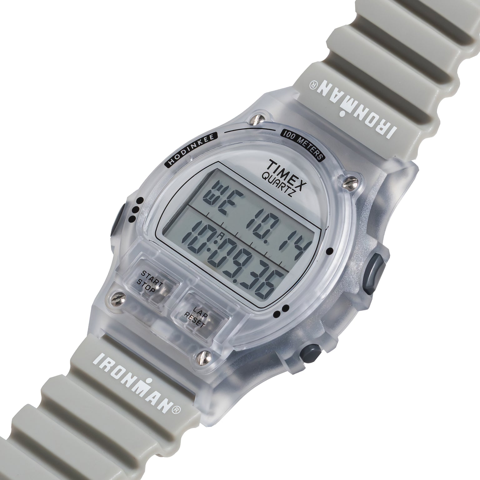 Timex digital watch with clear face and gray strap on a white background