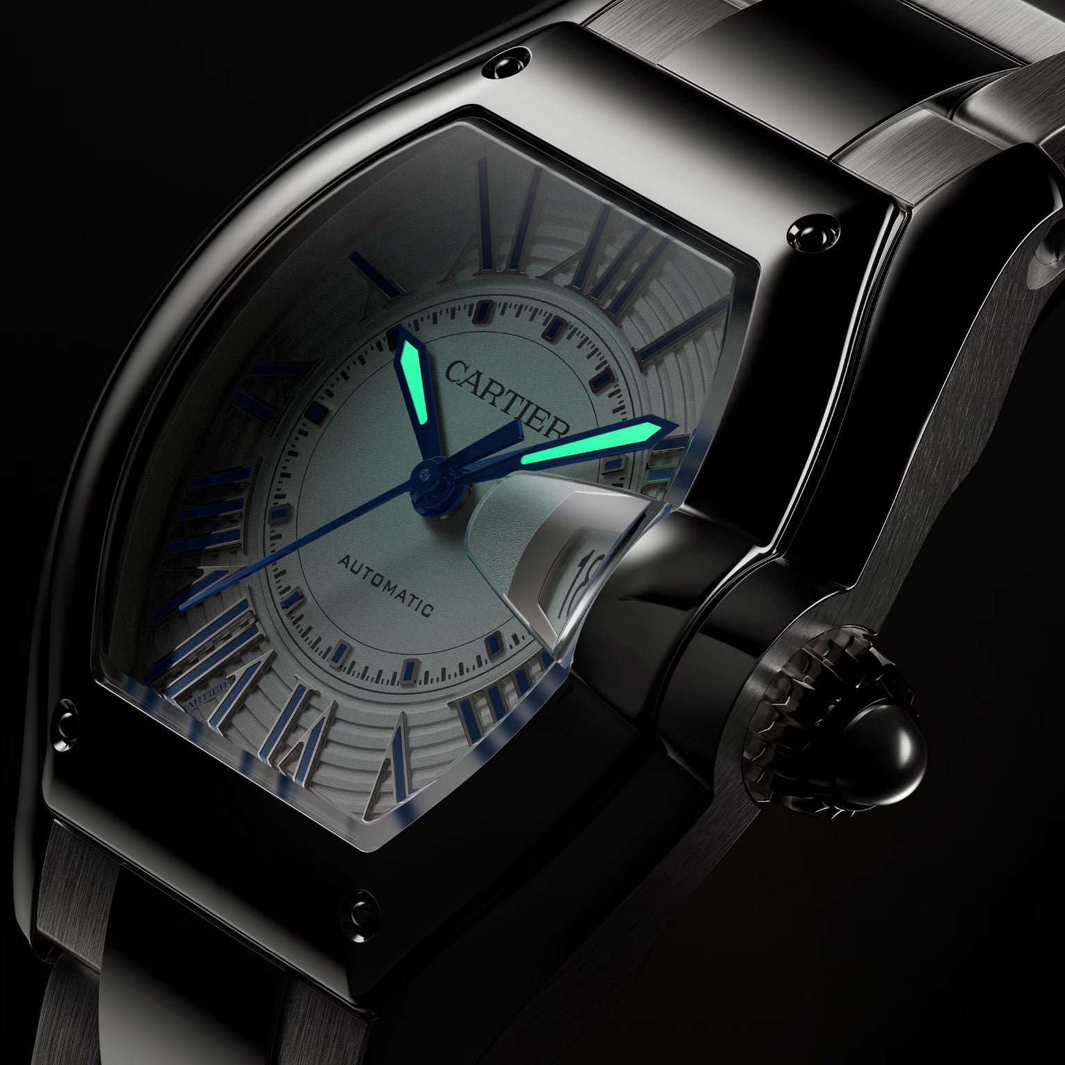 Black stainless steel watch with tonneau case, silver dial, blue Roman numerals, luminous hands, and metal bracelet.