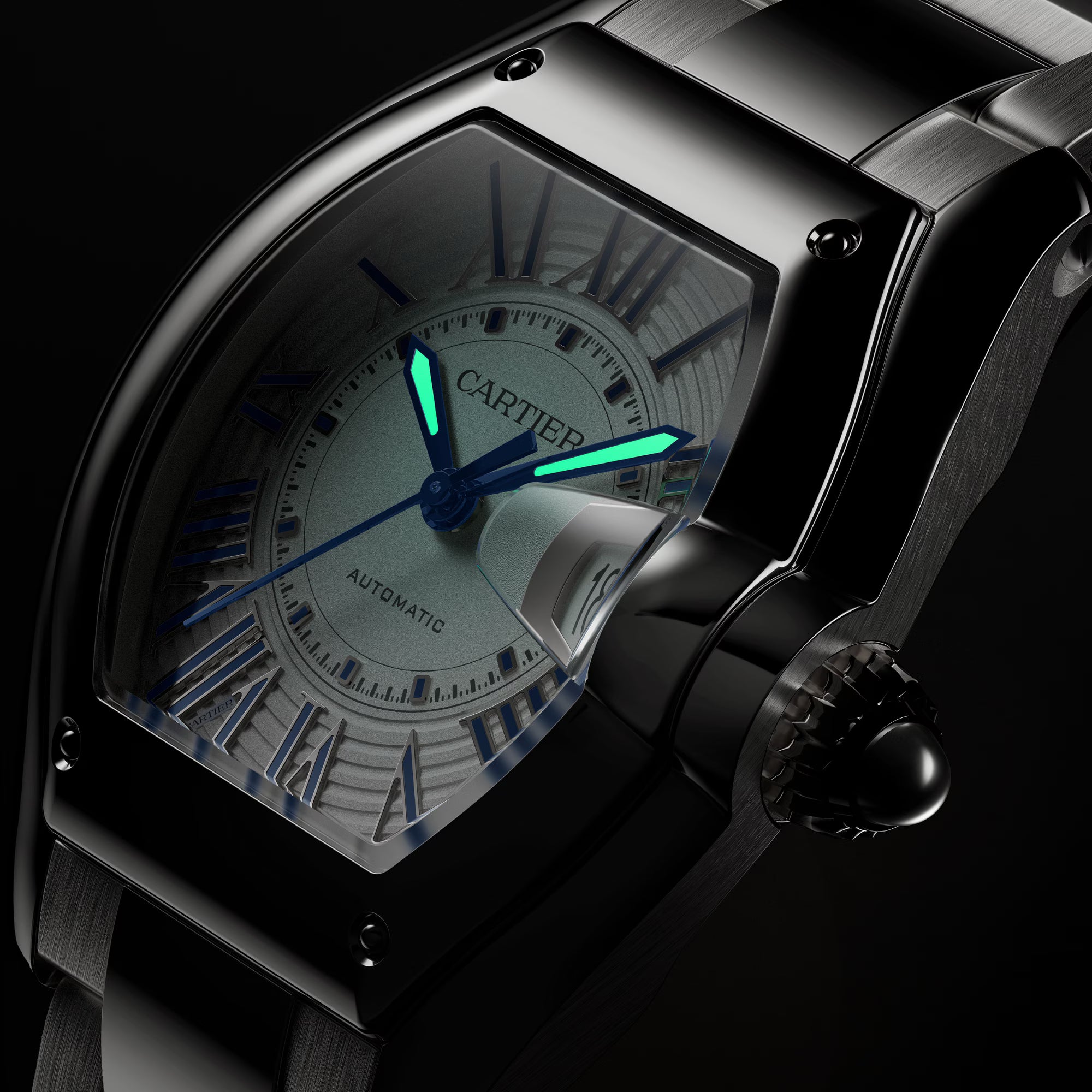 Black stainless steel watch with tonneau case, silver dial, blue Roman numerals, luminous hands, and metal bracelet.