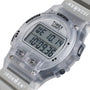 Digital watch with clear case and visible Timex branding on a white background