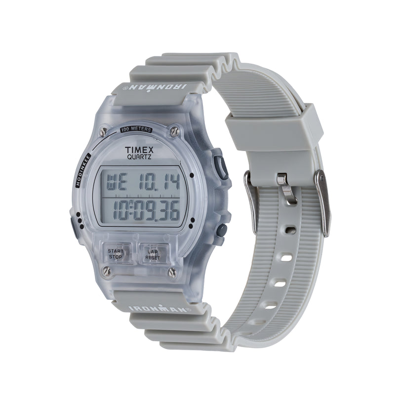 Gray Timex digital watch on a white background
