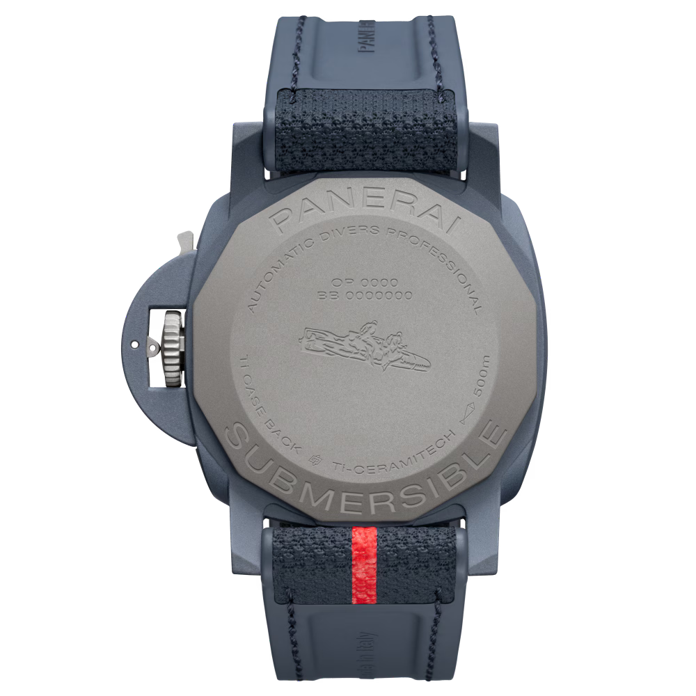Back view of the Panerai Submersible QuarantaQuattro Luna Rossa Ti-Ceramitech™ men's watch, featuring blue strap, red accent, engraved diver motif, and text highlighting its automatic movement, 300m water resistance, and titanium-ceramic case.