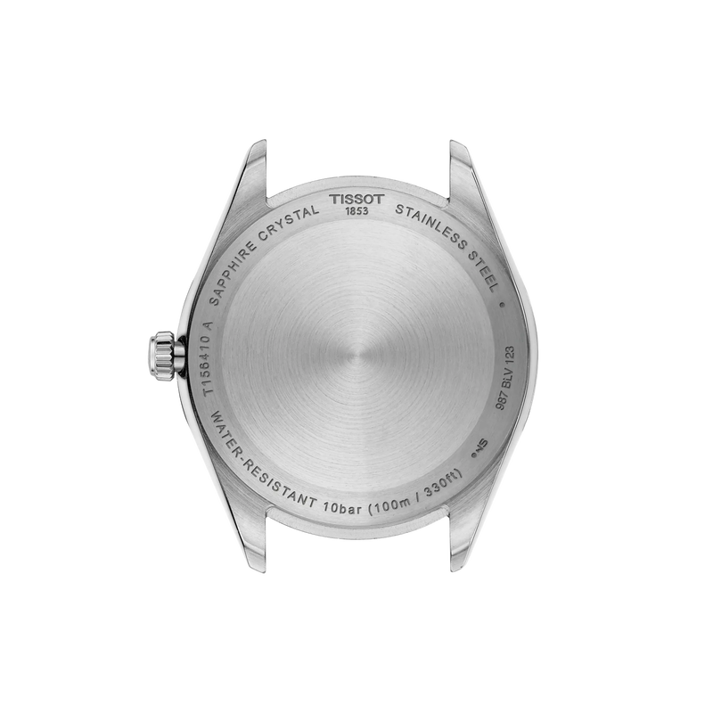 Back view of a Tissot watch with branding and specifications on a white background
