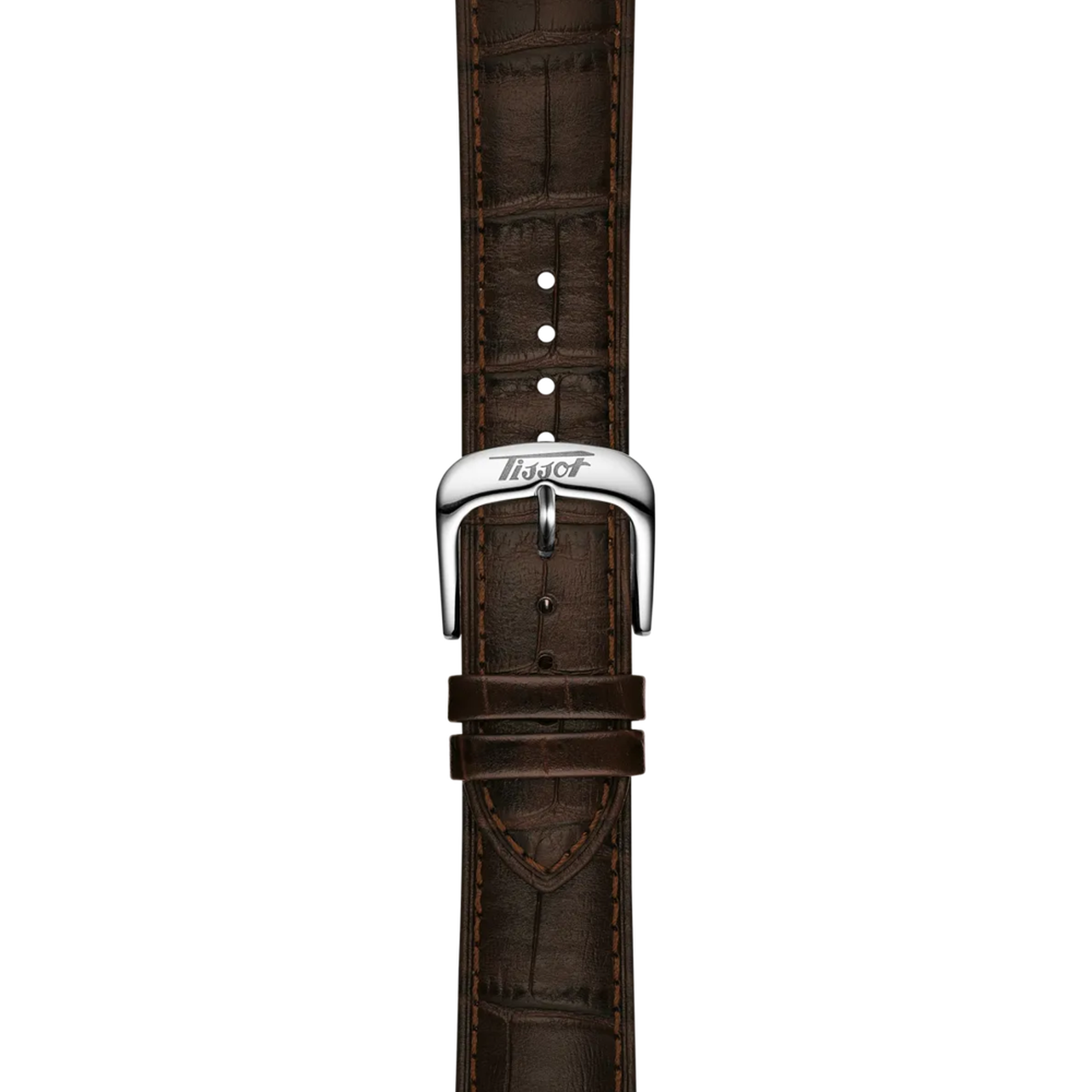 Dark brown crocodile leather watch strap with silver-tone buckle and white stitching holes.