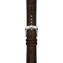 Dark brown crocodile leather watch strap with silver-tone buckle and white stitching holes.