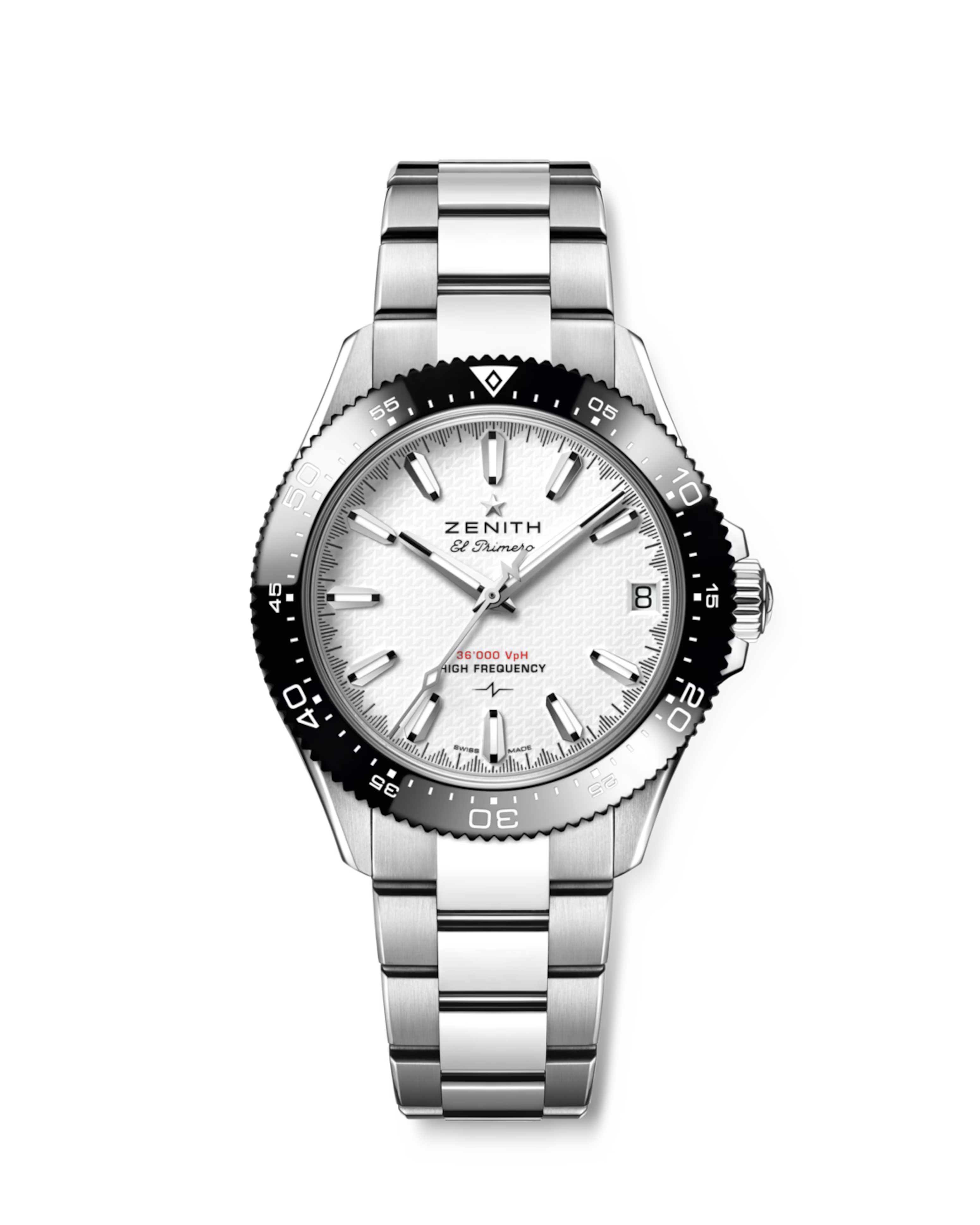 Zenith stainless steel watch with white dial, black bezel, and linked bracelet.