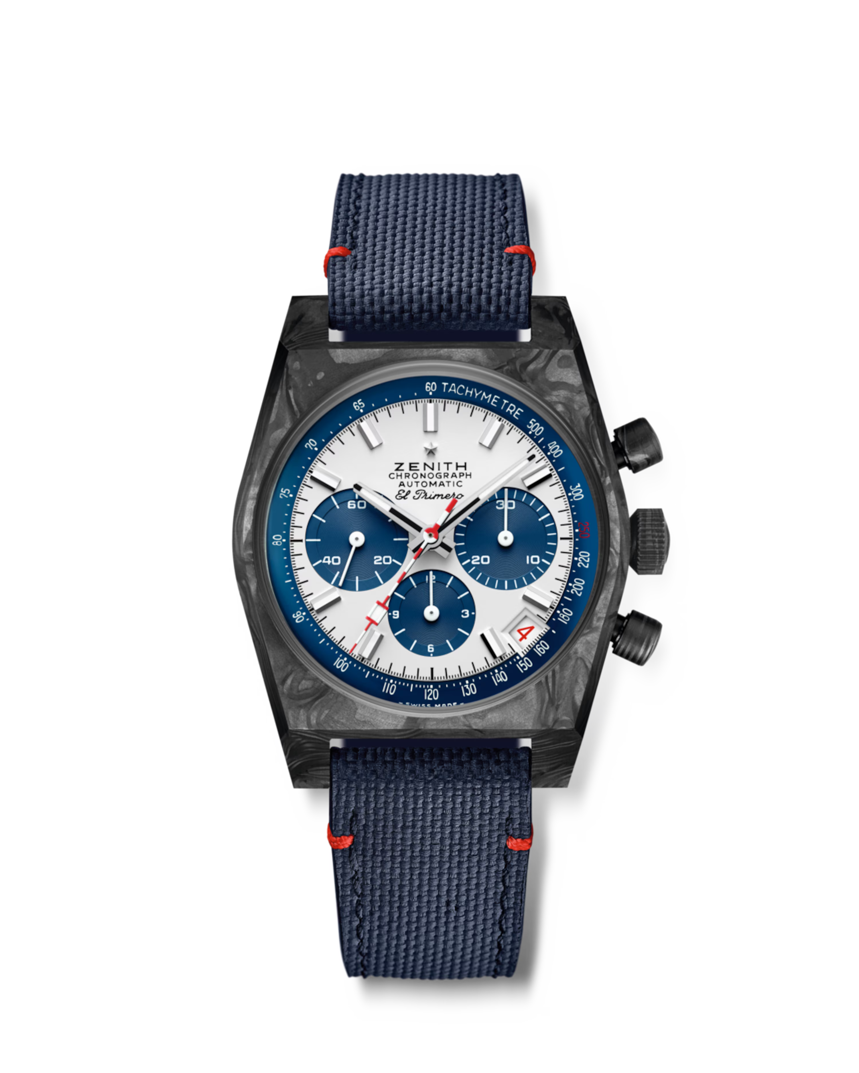 Luxury watch with blue strap and detailed face on a white background