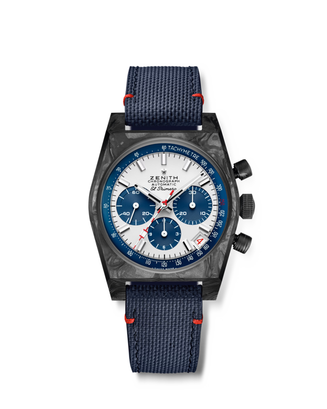 Luxury watch with blue strap and detailed face on a white background