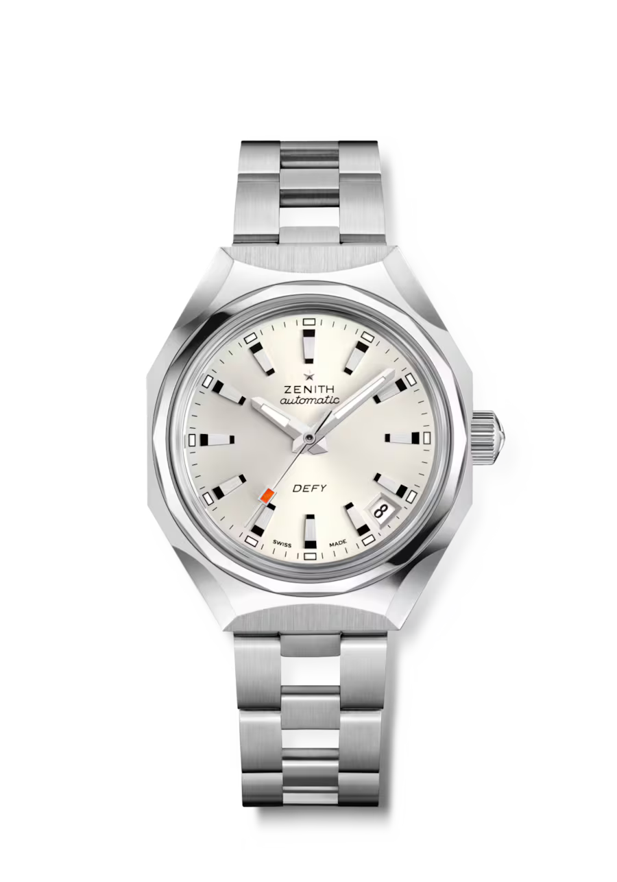 Zenith Defy automatic watch with silver and dark gray tonneau case, cream dial, black rectangular hour markers, date window, 