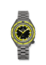 A Zenith Defy Revival watch featuring a black dial, yellow bezel, and metal bracelet.