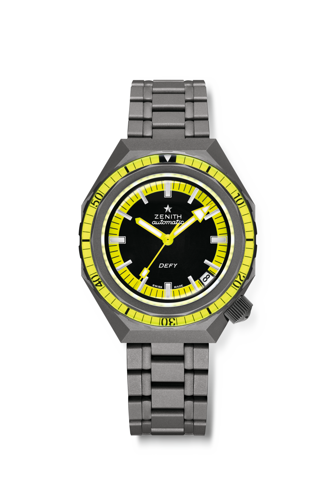 A Zenith Defy Revival watch featuring a black dial, yellow bezel, and metal bracelet.