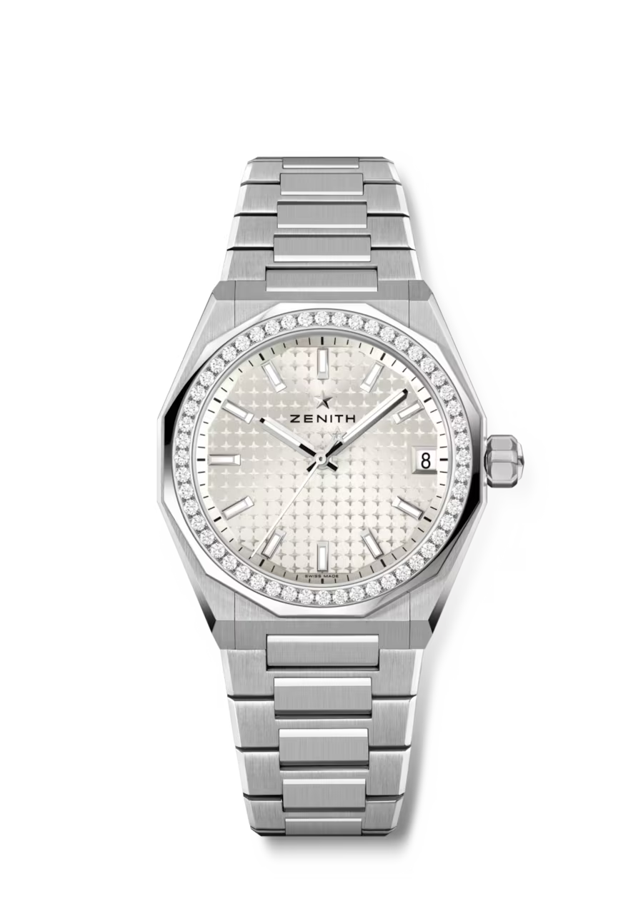 Zenith stainless steel watch with diamond bezel, silver dial, date window, and matching bracelet.