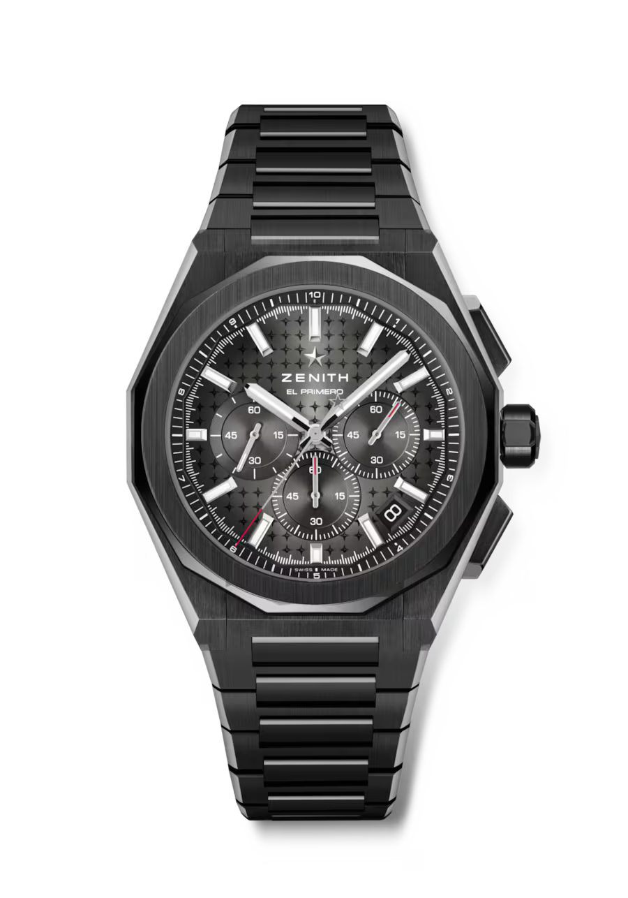 Black chronograph watch with dark dial, multiple subdials, white hour markers, and matching black metal bracelet.