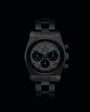 Black watch with green accents on a black background