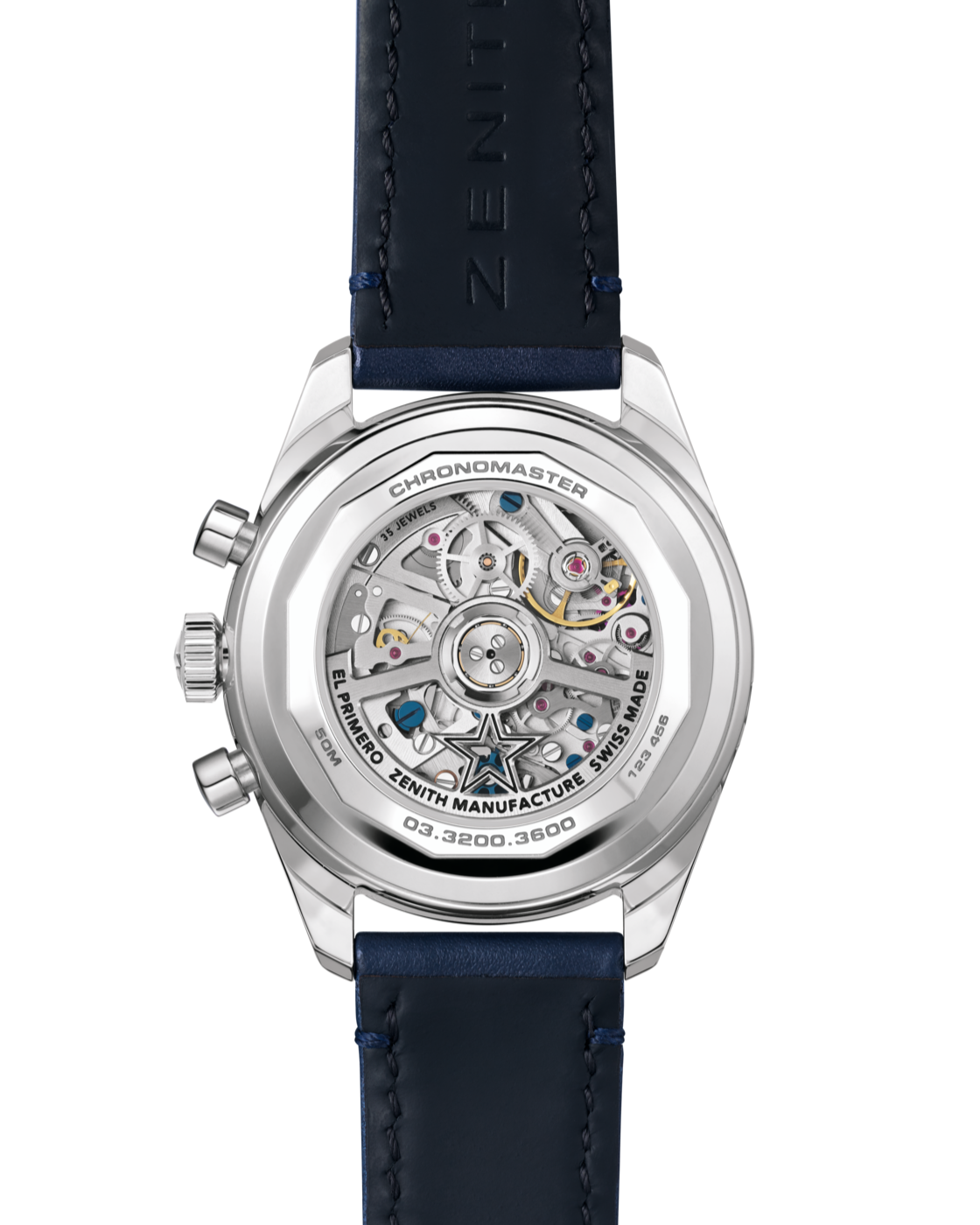 Back view of the Zenith Chronomaster Original luxury watch, displaying intricate gears and a blue leather strap.