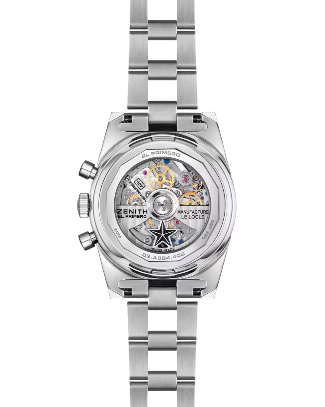 Silver Zenith watch with visible brand name on a white background