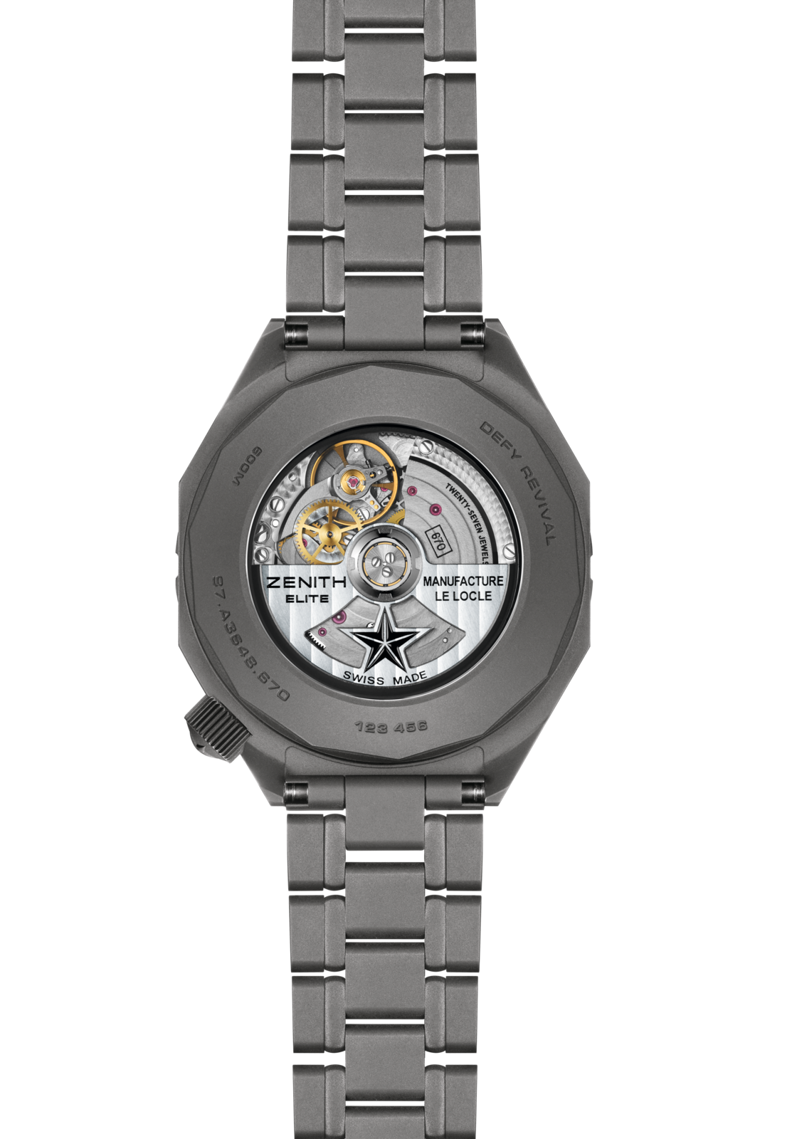 The Defy Revival by Zenith is shown from the back, revealing its exposed mechanical movement and metal bracelet.