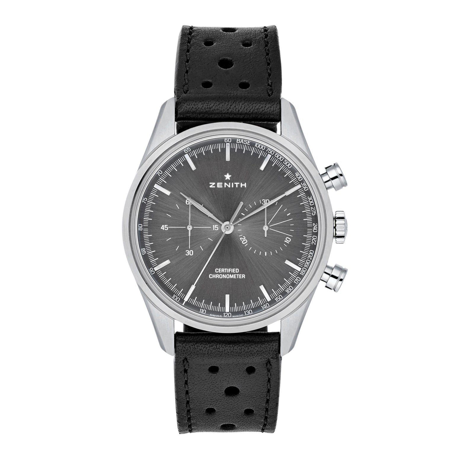 Zenith El Primero Limited Edition For Hodinkee chronograph watch with a black textured dial and black perforated leather strap by Zenith.