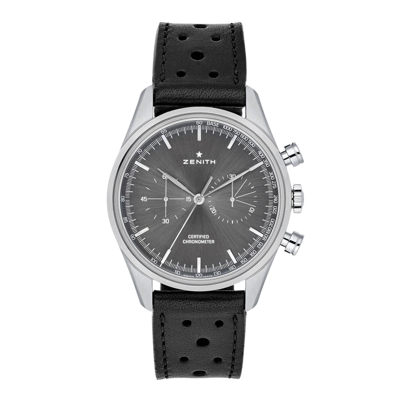 Zenith El Primero Limited Edition For Hodinkee chronograph watch with a black textured dial and black perforated leather strap by Zenith.