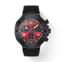 Black and red Tissot watch on a white background